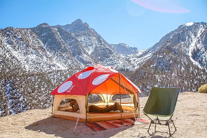 DOD Kinoko Mushroom Tent - 4 Season Festival Tent - 2 Person Instant Setup 1-Pull Camping Tent - Waterproof Dome Tent with Vertical Walls and Mesh Ventilation - Red