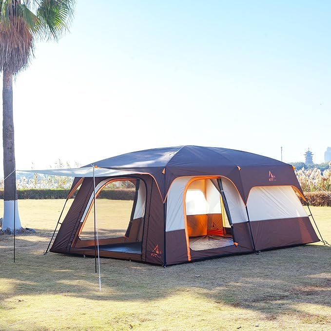 KTT Extra Large Tent 10-12-14 Person(B)Family Cabin Tents2 Rooms3 Doors and 3 Windows with MeshStraight WallWaterproofDouble LayerBig Tent for OutdoorPicnicCampingFamily Gathering