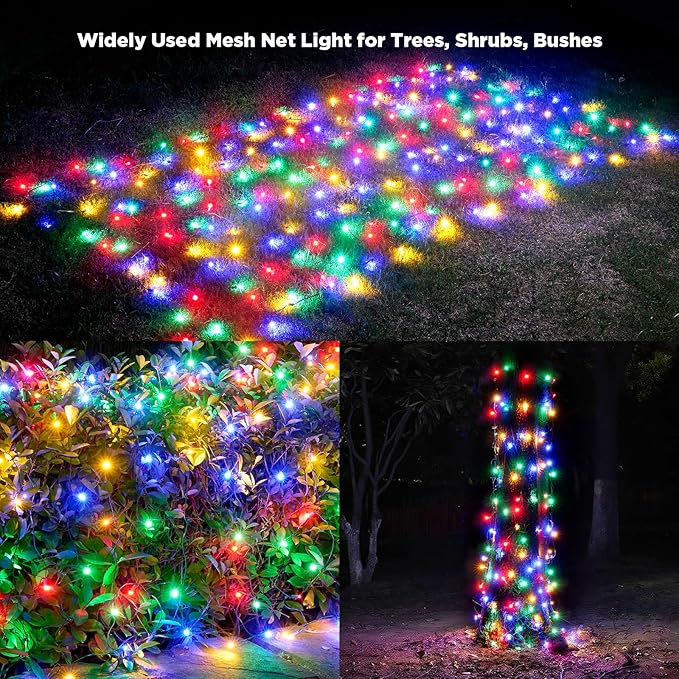 Led Net Lights Christmas Lights Outdoor 200Leds 9ftx6ft Upgraded Multicolor Christmas Net Lighting Waterproof 5mm LED Wide Angle Outdoor Indoor Mesh Net Light for Trees Bushes Shrubs Decorations