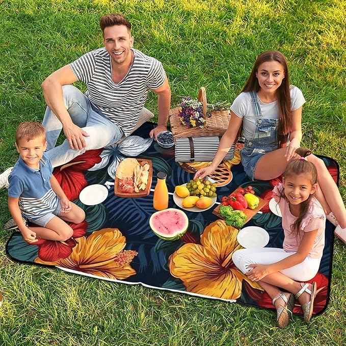 Zipper Realistic Hawaiian Flowers Style Picnic Mat Suitable for Travel Camping Park Or Home Use