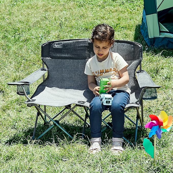 Busy Bee Kids Camping Chair 30.3 Wide Loveseat Perfect Child Couch for Home Movie Nights Patios or Picnics Adjustable Arms Cup Holders and Anti-Collapse Lock Supports up to 300 Lbs.