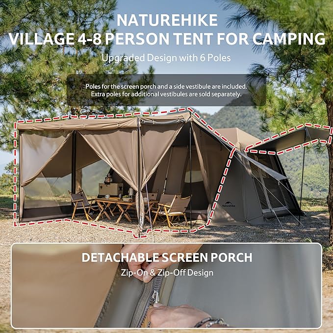 Naturehike Village Instant Tent 4 Person 8 Person Camping Tent with Full Rainfly Waterproof Large Cabin Tents for Car Camping