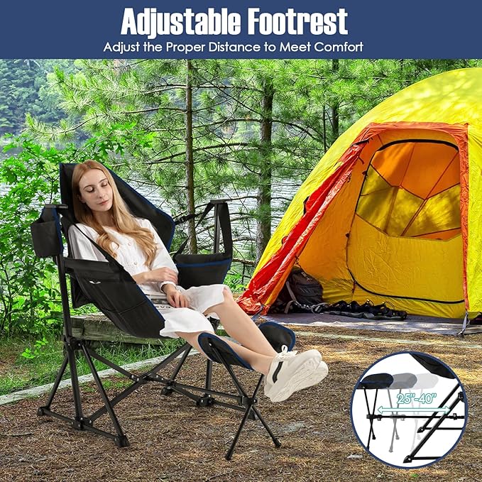 Giantex Outdoor Hammock Camping Chair - Rocking Chair with Removable Footrest Adjustable Backrest Pillow Cup Holder Storage Bag Portable Fishing Chair for Poolside Patio Folding Chair (1 Black)