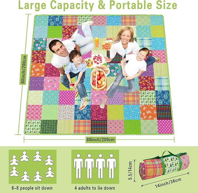 Extra Large Picnic Blankets Waterproof Foldable (80x 80) Boho Beach Blanket Waterproof Sandproof3-Layer Thicking Mat Outdoor Packable Camping Blanket
