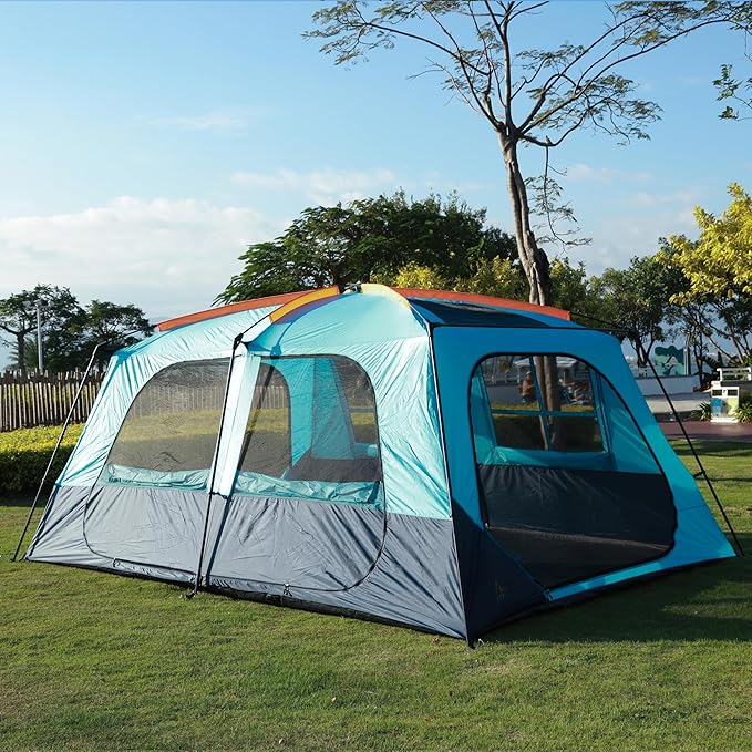 KTT Extra Large Tent 12 Person(A)Awning Family Cabin Tents2 Rooms4 Doors and 4 Windows with MeshStraight WallWaterproofDouble LayerBig Tent for OutdoorPicnicCampingFamily Gathering。