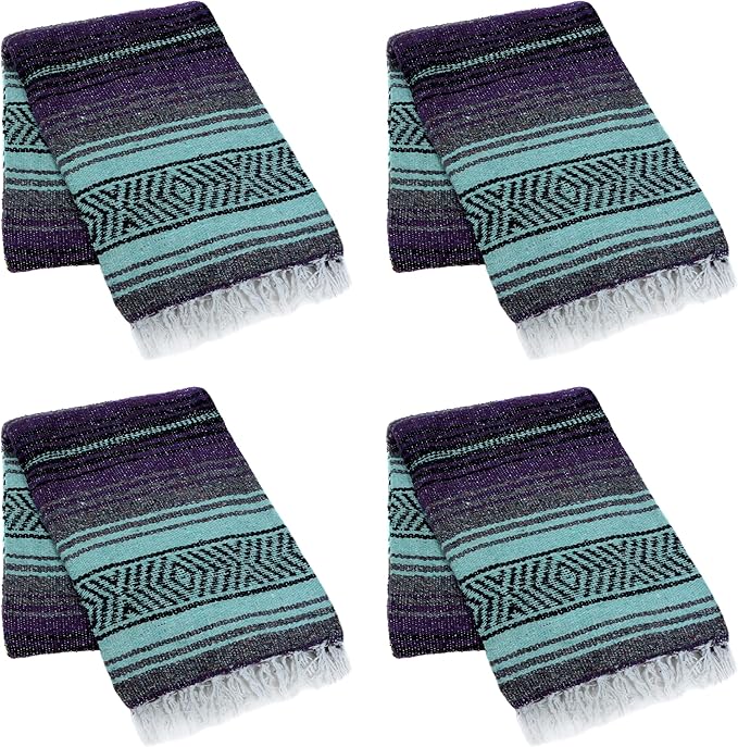 La Montana Mexican Blankets and Throws 4 Pk 74x50 Made in Mexico Lightweight Yoga Blanket for Schools Studios Outdoors Camping Picnic Decor-Machine Washable Dark Purple/Mint Green/Charcoal