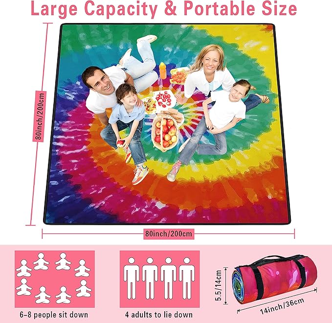 Extra Large Picnic Blankets Waterproof Foldable (80 x 80) Beach Blanket Waterproof Sandproof3-Layer Thicking Mat Outdoor Packable Camping Blanket(tie-dye)