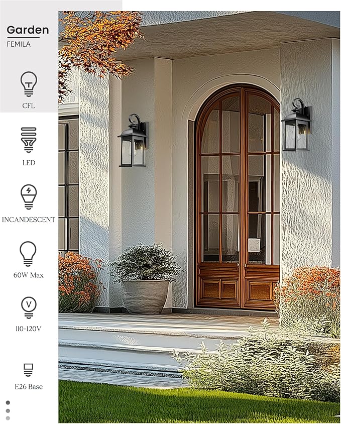 FEMILA Exterior Wall Sconce2 Packs Outdoor Waterproof Wall Lights FixtureE26 Socket Wall Lantern for PorchAnti-Rust Matte Black Finish with Seeded Glass Lampshade4FD54B-2PK BK