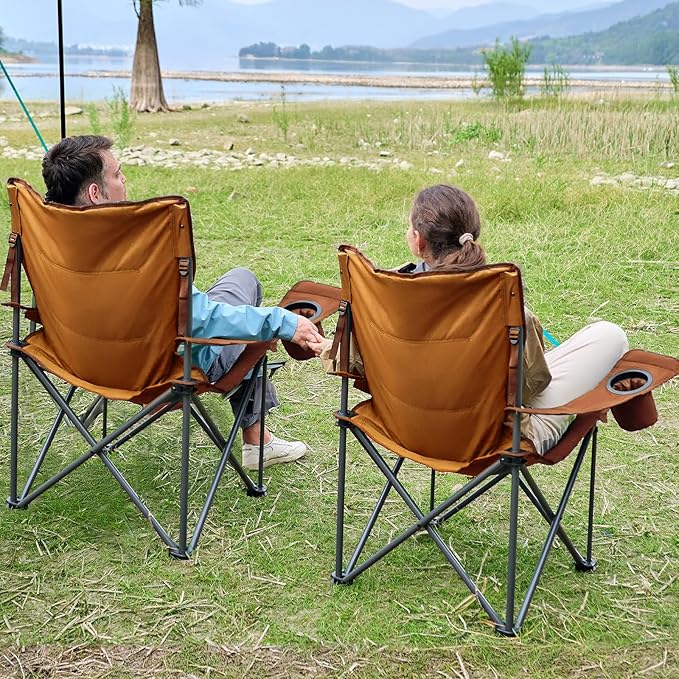 TIMBER RIDGE Oversized Folding Camping Chair for Adults Support 550 LBS Heavy Duty with Cup Holder Side Pocket for Camp Lawn Picnic Orange 2 Pack