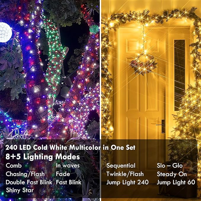 88FT 240LED Connectable String Lights Indoor Outdoor Clear Wire Warm White⇋Multicolor Christmas String Lights Plug in Twinkle Fairy Light With Timer For Wedding Patio Tree Yard Christmas Decorations
