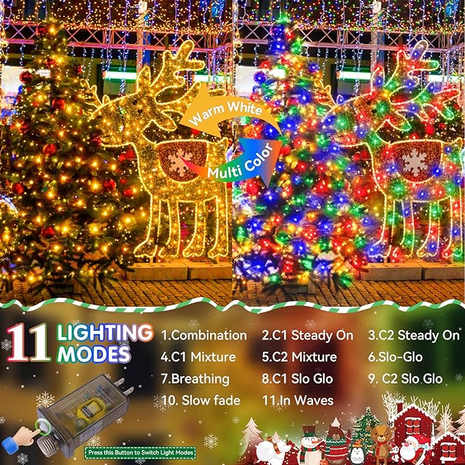 Heceltt 403FT 1000 LED Christmas Lights Outdoor Color Changing String Lights with 11 Modes and Timer Memory Function for Xmas Tree Wedding Party Holiday Decor (Warm White to Multicolor)