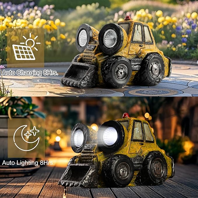 Garden Statue Outdoor Solar Truck Decor with Light Rustic Vintage Bulldozer Construction Decoration for Lawn Patio Yard Gifts for Men