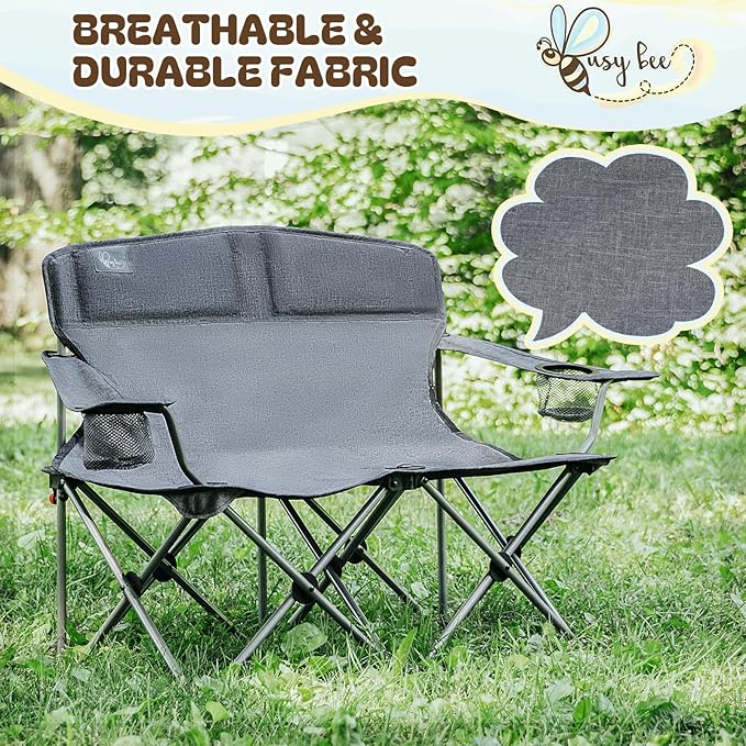 Busy Bee Kids Camping Chair 30.3 Wide Loveseat Perfect Child Couch for Home Movie Nights Patios or Picnics Adjustable Arms Cup Holders and Anti-Collapse Lock Supports up to 300 Lbs.