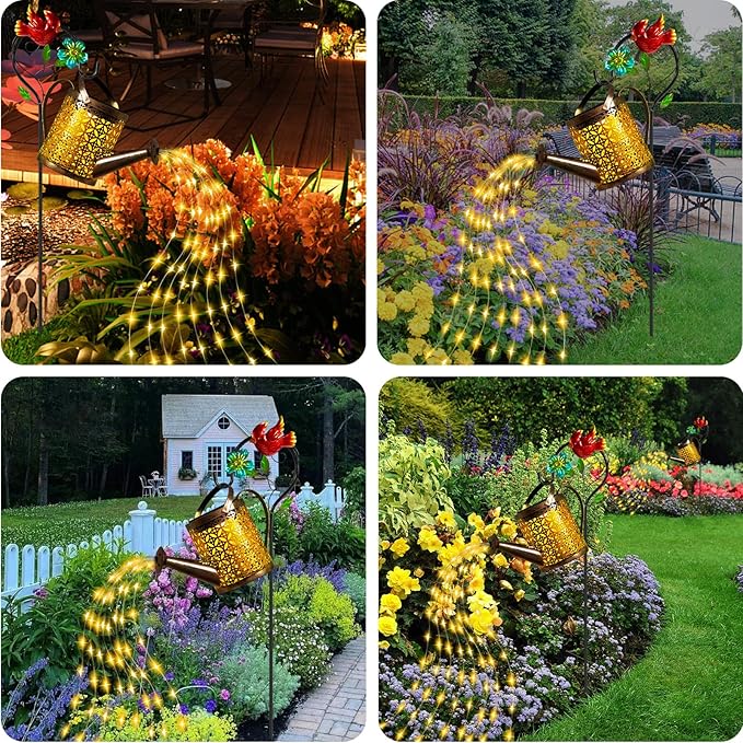 Mothers Day Gifts Solar Lights Outdoor Watering Can with Cascading Lights Watering Can with Hook Solar Lantern Gardening Decor for Yard Patio Gardening Gifts for Mom Grandma Women (2 Pack)