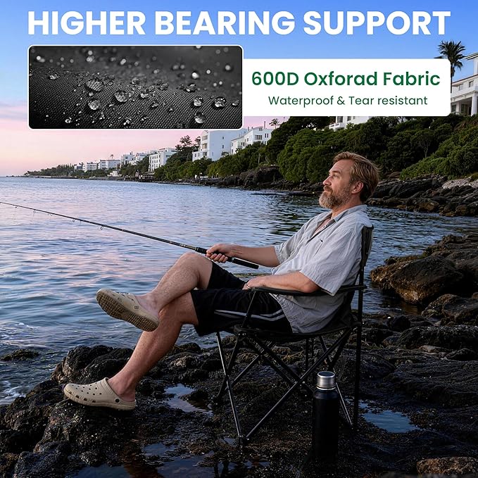 Folding Camping Chairs 2 Pack for Adults 300LBS Capacity Foldable Portable Lawn Chairs with Carry Bag Compact Design for Camp Beach Picnics and Outdoor (Black)