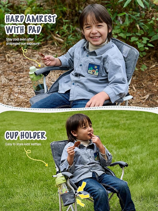 EVER ADVANCED Kids Camping Chairs with Cup Holder Padded Folding Camping Chair Outdoor with Safety Lock Carry Bag Lightweight Portable Camp Chairs for Beach Balcony Patio Supports 150lbs Grey