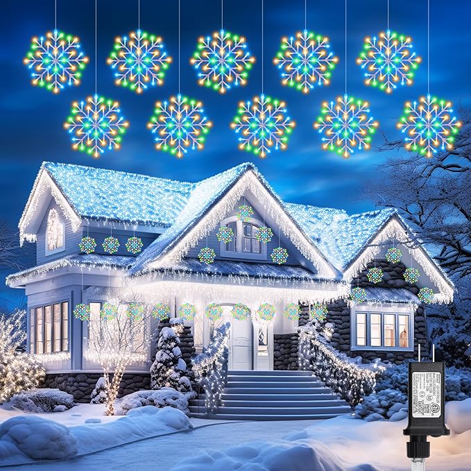 Brightown Christmas Snowflake Icicle Lights Outdoor - Plug-in 23.6ft 10 Drops 480LED Snowflake Window Lights for Indoor Outdoor Porch Eaves Rooftops Canopy Christmas Decoration Multicolor