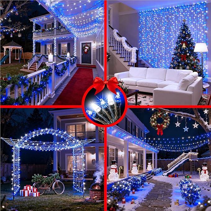 1500 LED 470FT Christmas String Lights Outdoor 12 Pro Modes and Timer Memory &amp Brightness Plug in Waterproof Clear Wire Twinkle Light for for Xmas Yard Tree Wedding Party Decor (Blue &amp White