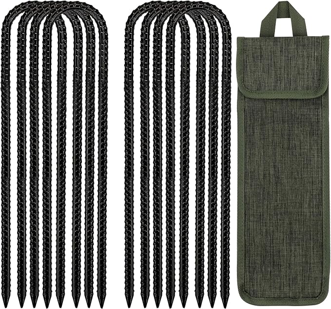 RIY Tent Stakes Heavy Duty High Wind Ground Anchors 12 Inch Galvanized Steel Rebar Stakes for Tent Dog Fence Trampoline Yard Decorations U Shaped 16 Pack Black