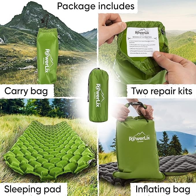 POWERLIX Ultralight Inflatable Camping Sleeping Pad - Camping Mattress Sleeping Mat for Backpacking Hiking Compact Lightweight Sleeping Pad for Camping Inflation Bag/Repair Kit Included
