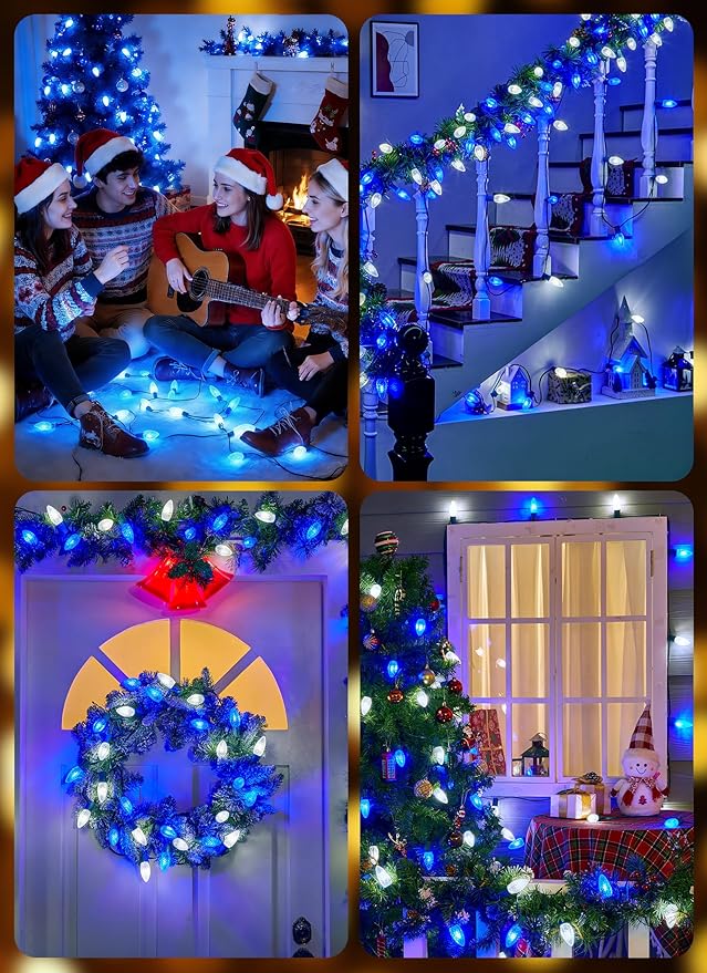 Minetom 100 Feet Led Christmas LightsBlue White C9 Christmas String Lights Outdoor 100 Strawberry Bulbs Connectable UL Certified for Indoor Outdoor Roofline Patio Holiday Party Backyard Xmas Decor
