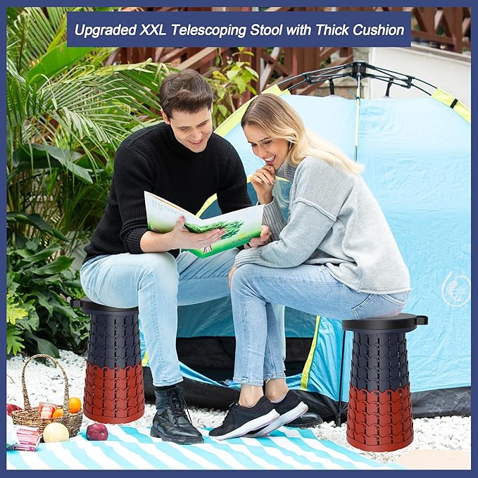 ALEVMOOM Upgraded XXL 19.7 Collapsible Stool with Cushion Heavy Duty Portable Folding Stool Max Load 1000 lbs Retractable Telescoping Foldable Seat Chair for Camping Fishing Travel