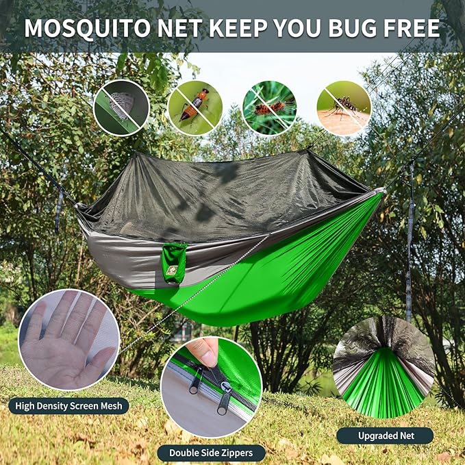 Camping Hammock with NetPortable Lightweight Double Hammocks with Tree Straps and Solid D-Shape CarabinersParachute Nylon Hammock for Backpacking Beach Backyard Patio Hiking Green&ampGrey