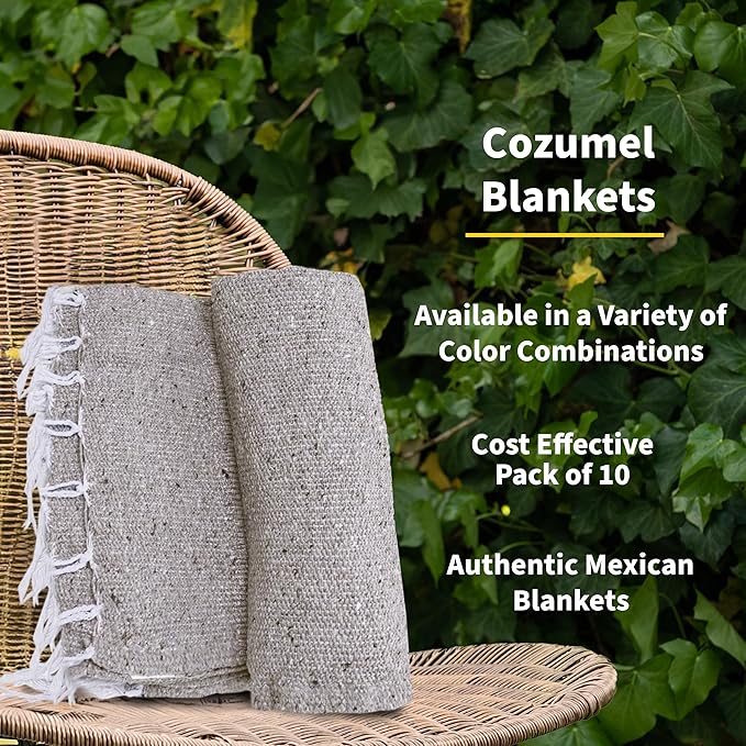 Cozumel Authentic Mexican Blankets (10-Pack) - 72x48 Woven in Mexico - Solid Throw Blanket for Yoga Studio Outdoor Picnic/Camping/Beach Saddle Blanket Bed/Home Decor (Gray)