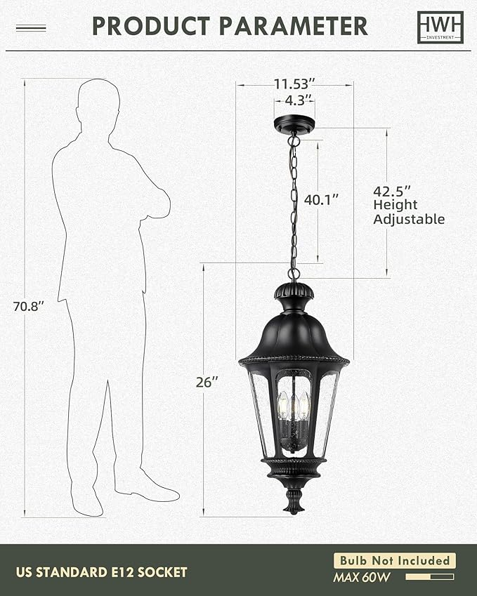 Outdoor Pendant Lights for Porch HWH 26'' Large Exterior Hanging Light Fixtures with Seeded Glass Outdoor Hanging Chandelier for Porch Patio Gazebo Hallway Matte Black Finish 5HW90H-L BK