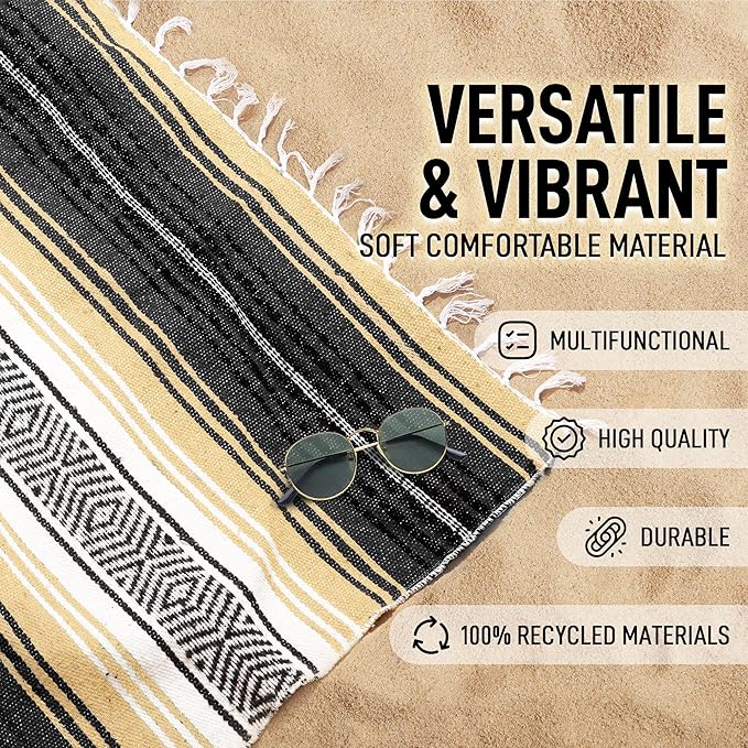 Authentic Large Handwoven Mexican Blanket - Soft Yoga Blankets - Durable Serape - Lightweight Falsa Blanket Beach Camping Picnic Equestrian Saddle Outdoor Blankets 70x50 - Sand
