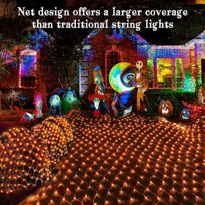 BlcTec Halloween Lights 200 LED 8.4ft x 5.2ft Orange Net Lights with 8 Modes UL Certified Timer Connectable Waterproof Dark Green Wire for Trees Bushes Shrub Lawn Halloween Decorations Outdoor