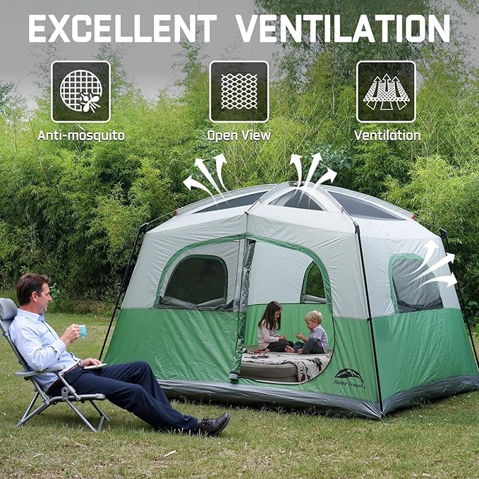 Happy Travel Tent 6 Person Tents for Camping Waterproof Easy Setup Camping Tent with Rainfly Portable Large Family Cabin Tent with 5 Large Mesh Windows and Carry Bag for Outdoor Camping &amp Hiking