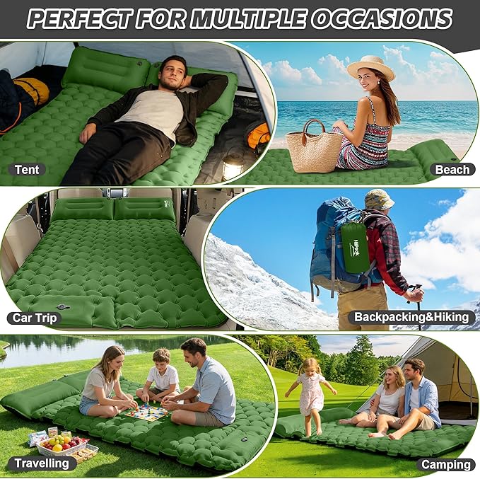 HiiPeak Double Sleeping Pad for Camping - Ultralight Camping Mattress with Pillow Built-in Foot Pump Compact Inflatable 2-Person Portable Mat for Backpacking Hiking Car Traveling Beach Tent