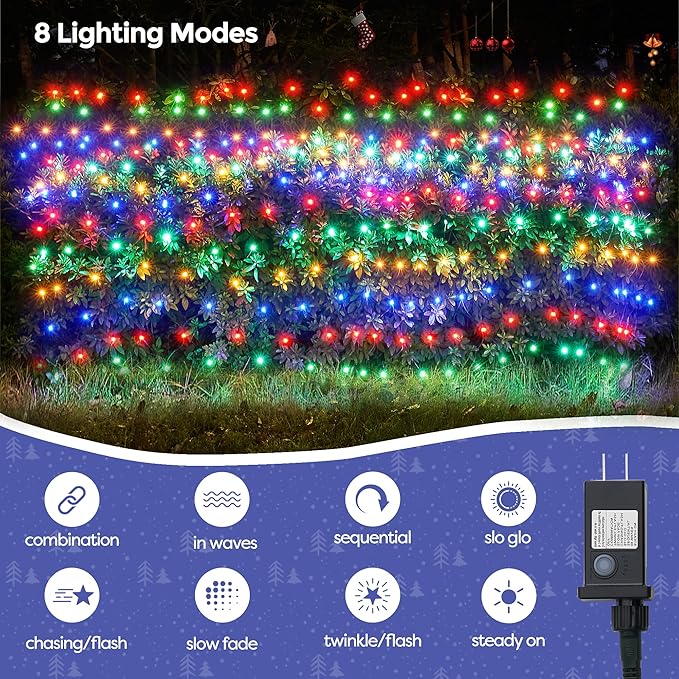 WBao Christmas Lights Outdoor 360LED 11.5ft x 6.9ft Net Lights with 8 Modes Timer UL Certified End to End Connectable Waterproof for Lawn Bushes Trees Outdoor Christmas Decorations Multicolor