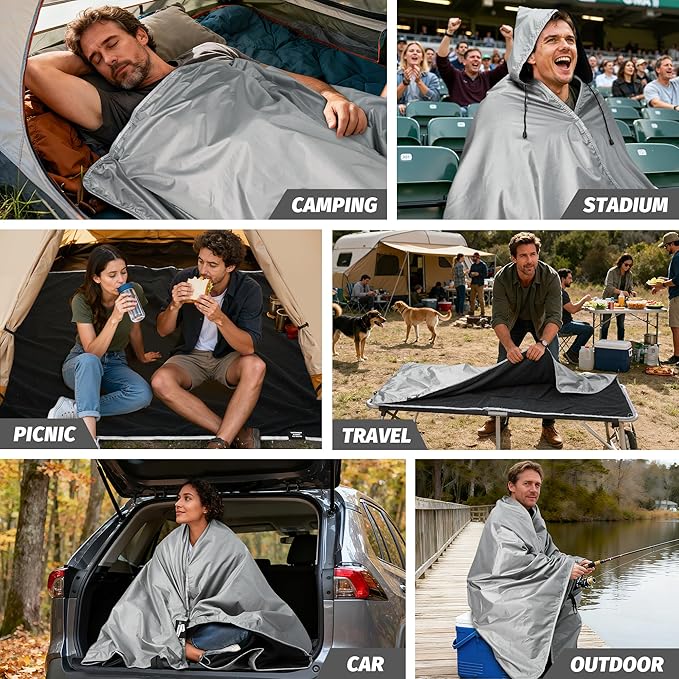 Fleece Waterproof Outdoor Blanket - Windproof Stadium Blanket for Camping Picnics and Sports Stay Dry and Comfortable 80x 58(Hoodeed Gray)