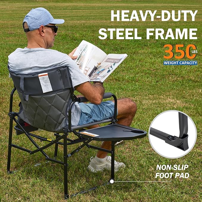 Oversized Directors Chairs Heavy Duty Folding Outdoor Chairs with Detachable Side Pocket and Adjustable Side Table for OutsideLawnFishing Folding Camping Chair up to 350Lbs Capacity (Grey)