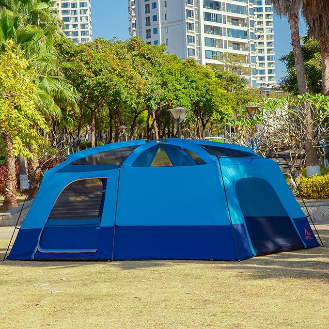 KTT Extra Large Tent 10-12-14 Person(Style-B)Family Cabin Tents2 Rooms3 Doors and 3 Windows with MeshStraight WallWaterproofDouble LayerBig Tent for OutdoorPicnicCampingFamily Gathering