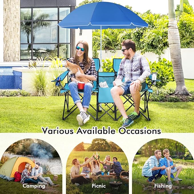 COSTWAY Double Portable Picnic Chairs Folding Camping Chairs w/Detachable Umbrella Cooler Bag Cup Holders Patio Beach Camping Chairs for Outdoors