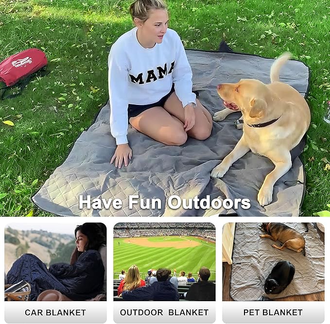 Waterproof Outdoor Blanket 82”X 55” Packable Stadium Blankets for Camping with Quilted Fleece Lining Large Windproof Emergency Throw Mat for Garss Picnic Hiking Road Trip Machine Washable Wine