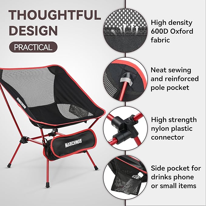 MARCHWAY Ultralight Folding Camping Chair Heavy Duty Portable Compact for Outdoor Camp Travel Beach Picnic Festival Hiking Lightweight Backpacking (Red)