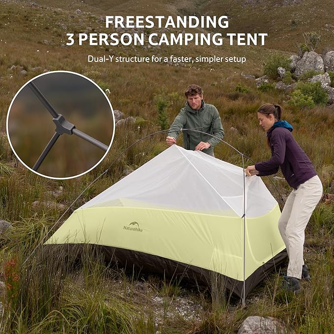 Naturehike Cloud Up 3 Person Backpacking Tent with Footprint - 3 Season Free Standing Lightweight 3 Person Camping Tent | with Footprint Free Standing Dome Camping Hiking Waterproof
