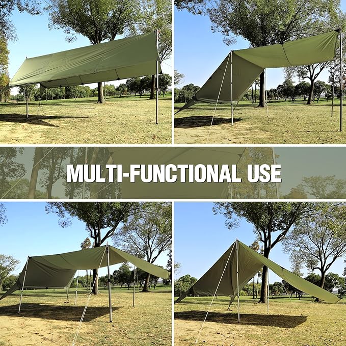 REDCAMP Large 10x17ft Waterproof Camping Tarp Portable Hammock Rain Fly with 4 Adjustable Poles 8 Guy Lines &amp Stakes Backpacking Tent Shelter for Camping Hiking Beach (4 Poles)