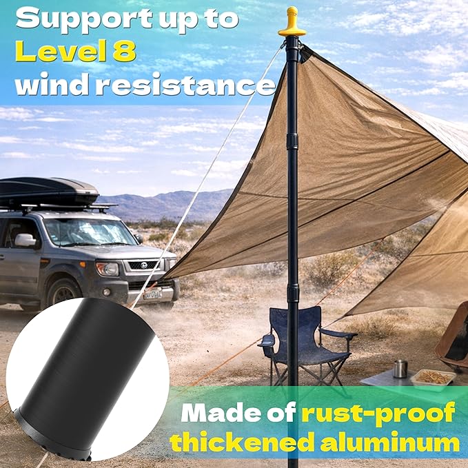 KJE 4 Pack Adjustable Heavy-Duty Tarp Poles Camping Tent Poles Set with Ground Stakes &amp Guylines &amp Yellow Protection Caps Aluminum Telescoping Pole(2.9ft to 8.7ft) for Outdoor Tarp Use