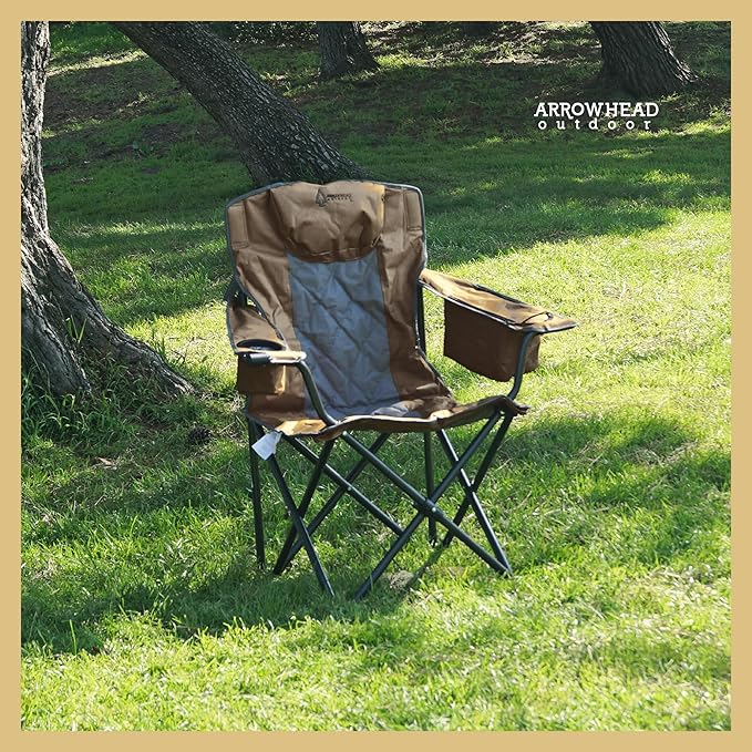 ARROWHEAD OUTDOOR 2-Pack Portable Folding Camping Quad Chair w/ 6-Can Cooler Cup &amp Wine Glass Holders Heavy-Duty Carrying Bag Padded Armrests Headrest &amp Seat Supports up to 550lbs