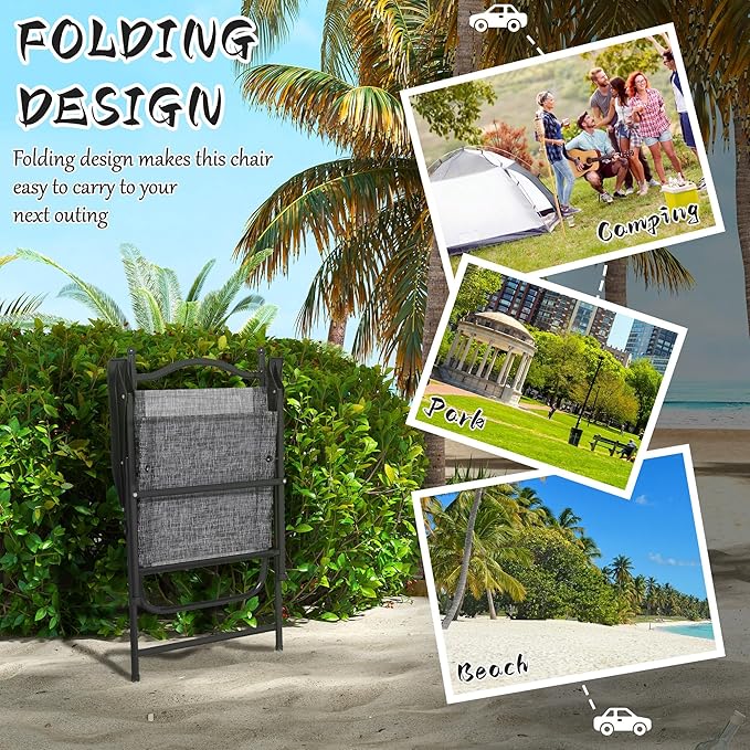 Outsunny Folding Patio Chairs Set of 4 Sports Chairs for Adults Camping Chairs with Armrests Breathable Mesh Fabric Seat for Lawn Gray