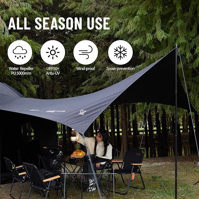 8-Point Cotton Camping Tarp with Iron Poles 210G Water-Repellent Fabric Roughly 15'5×14'9×7'6 UPF 50+ Sun Rain Shelter for Outdoor Travel Picnic