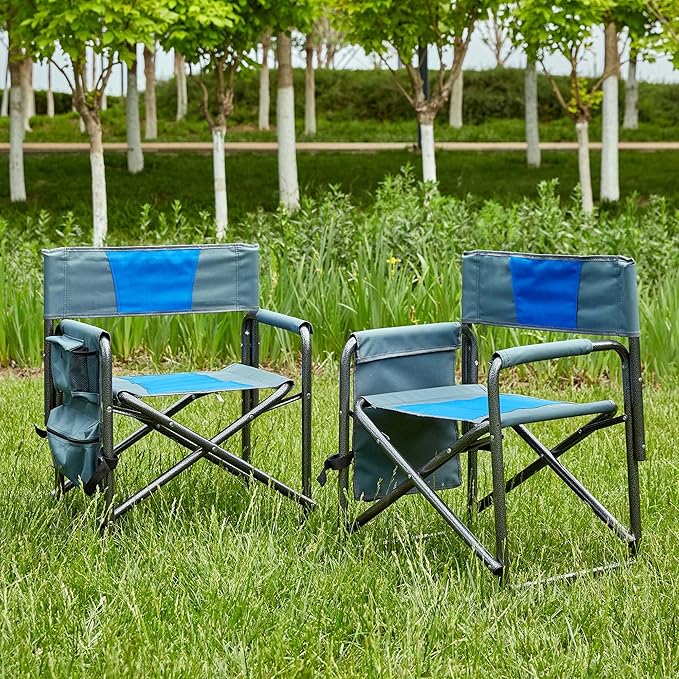 Folding Camping Chair with Storage Pockets Directors Chairs Foldable for Adults Camping Chair &amp Picnic Chairs for Outdoor Beach Fishing Heavy Duty Supports 400 LBS (Blue 2)