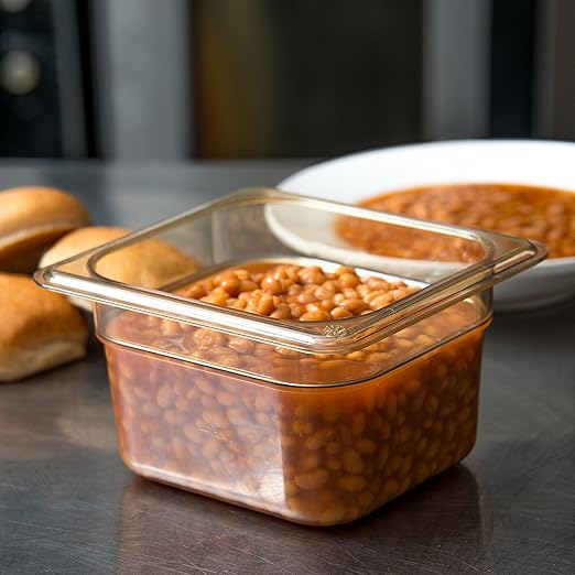 Carlisle FoodService Products StorPlus High-Heat 1/6-Size Food Pan 4 Deep Food Storage Container with 1.7 Quart Capacity High Heat Plastic 1/6 Size Amber (Pack of 6)