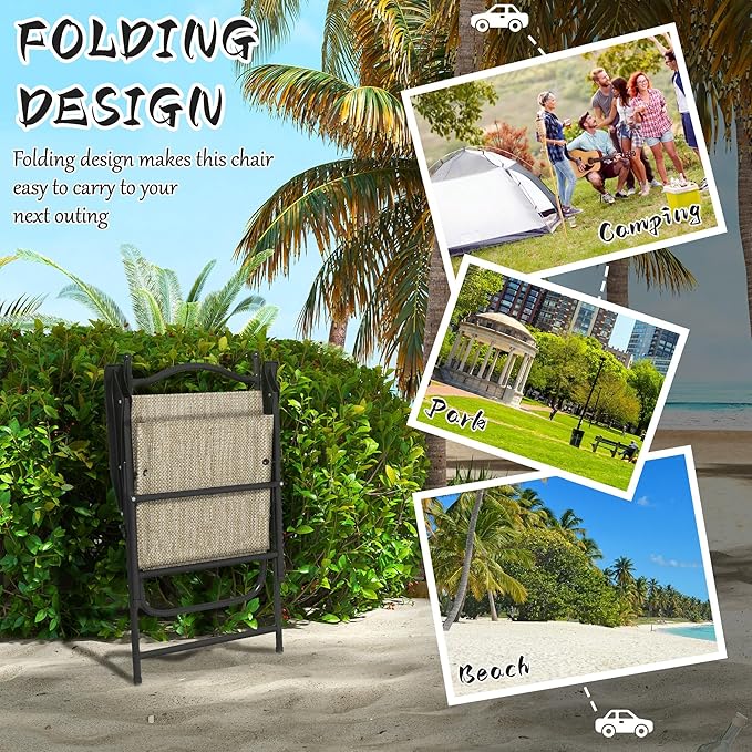 Folding Patio Chairs Set of 4 Sports Chairs for Adults Camping Chairs with Armrests Breathable Mesh Fabric Seat for Lawn Beige
