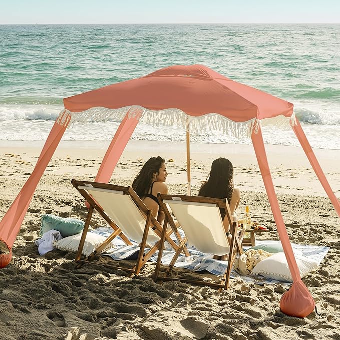 AMMSUN Beach Cabana with Fringe 6.5' x 6.5' Boho Beach Canopy with Tassels Easy Set up &amp Premium Wood Pole Cabana Tent with Sand Pockets Instant Sun Shade for Sand Garden Patio Coral Pink